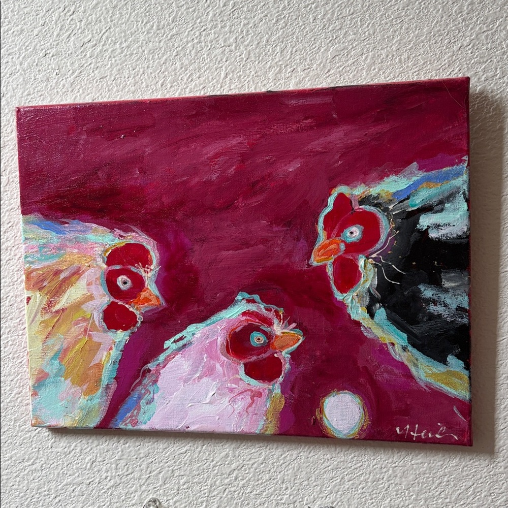 Three Chickens And An Egg””An Acrylic Original Painting 16”x12” On Canvas - Picture 14 of 14